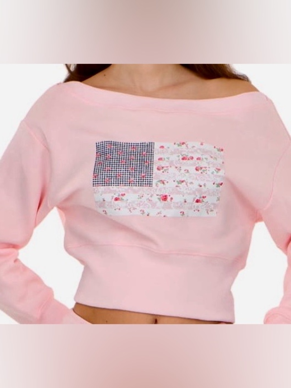 BRAND NEW Forever 21' Pink Floral Patchwork Off Shoulder Sweatshirt Top Jrs XL